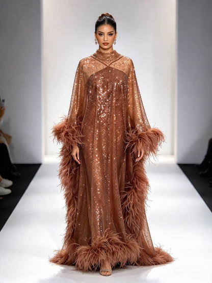 MARAYA Brown Sequin Kaftan Gown, Luxury Ostrich Feather Trim  Maxi Dress, Formal Dress, Brown Sequin Evening Dress, Hollywood Dress