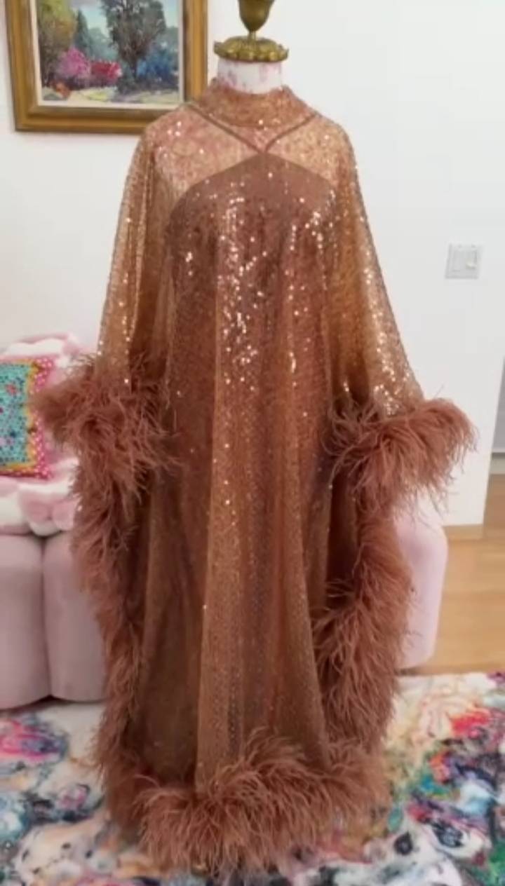 MARAYA Brown Sequin Kaftan Gown, Luxury Ostrich Feather Trim  Maxi Dress, Formal Dress, Brown Sequin Evening Dress, Hollywood Dress