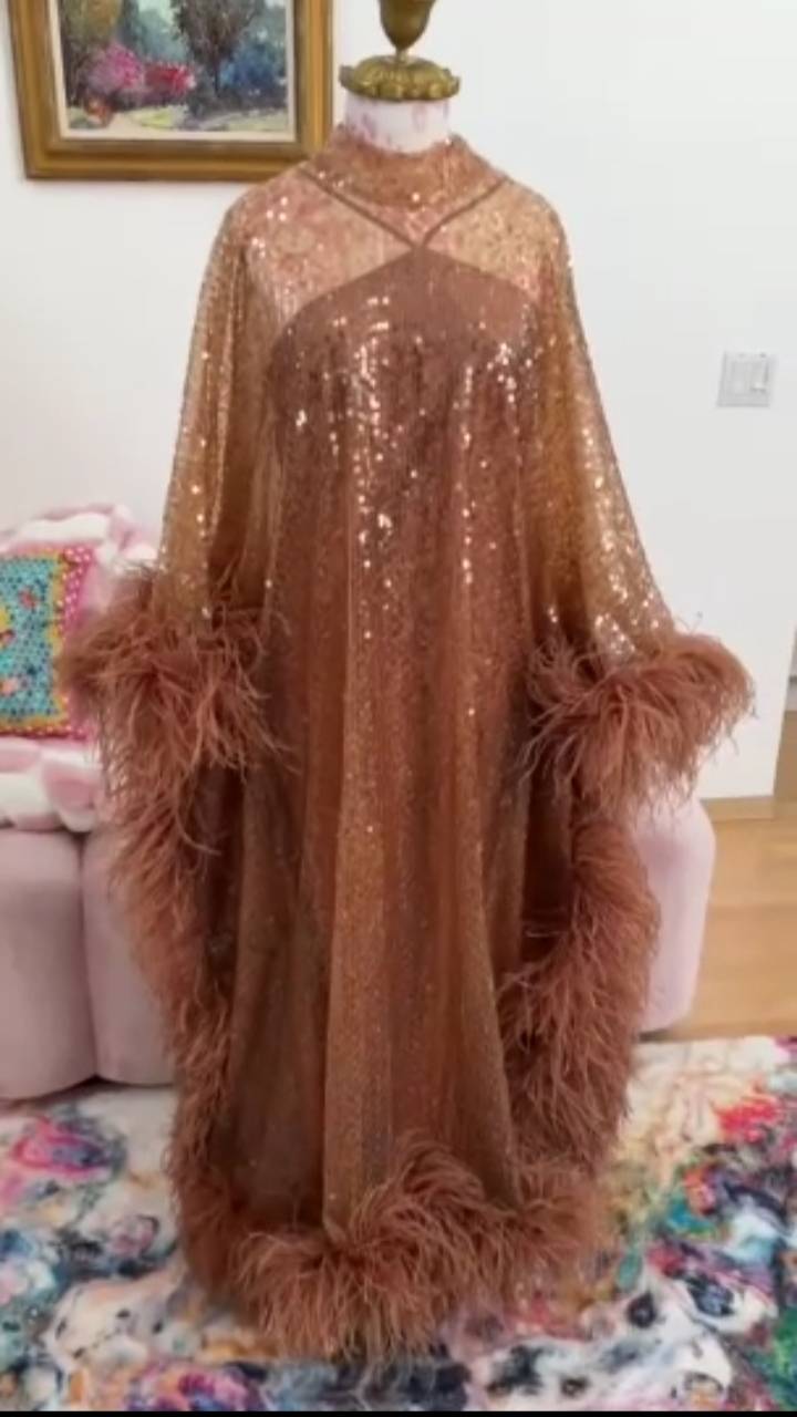 MARAYA Brown Sequin Kaftan Gown, Luxury Ostrich Feather Trim  Maxi Dress, Formal Dress, Brown Sequin Evening Dress, Hollywood Dress