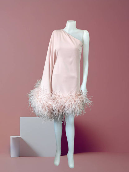MARAYA Dusty Pink One-Shoulder Mini Feather Dress