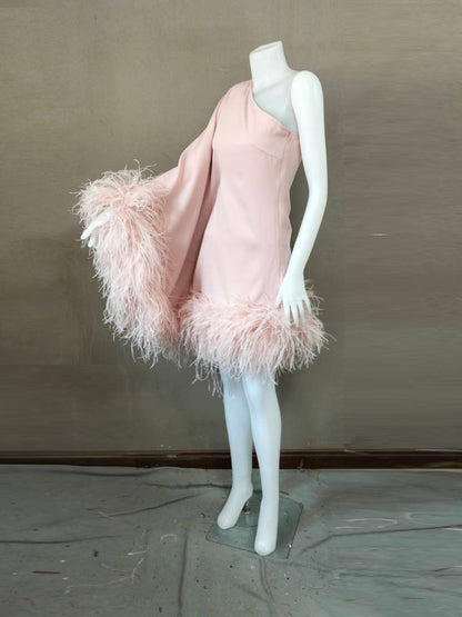MARAYA Dusty Pink One-Shoulder Mini Feather Dress