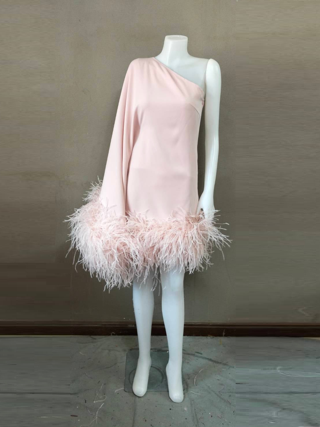 MARAYA Dusty Pink One-Shoulder Mini Feather Dress