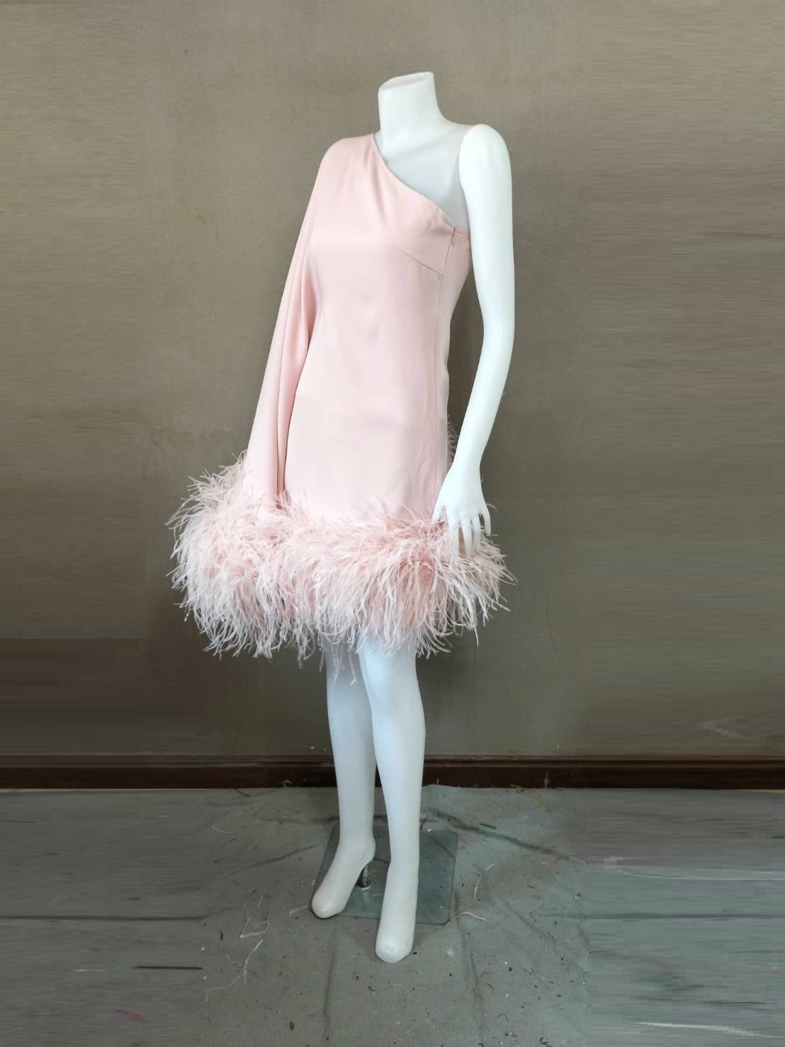 MARAYA Dusty Pink One-Shoulder Mini Feather Dress