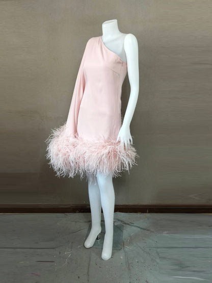MARAYA Dusty Pink One-Shoulder Mini Feather Dress