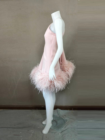MARAYA Dusty Pink One-Shoulder Mini Feather Dress