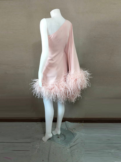 MARAYA Dusty Pink One-Shoulder Mini Feather Dress