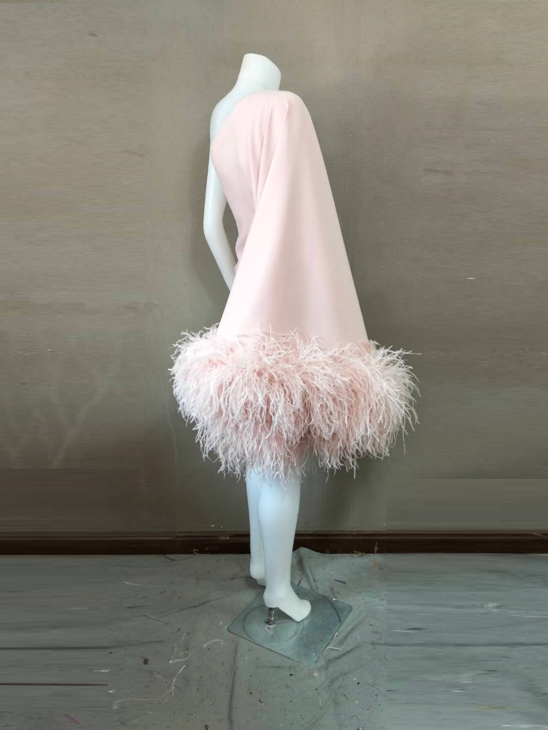 MARAYA Dusty Pink One-Shoulder Mini Feather Dress