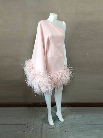 MARAYA Dusty Pink One-Shoulder Mini Feather Dress