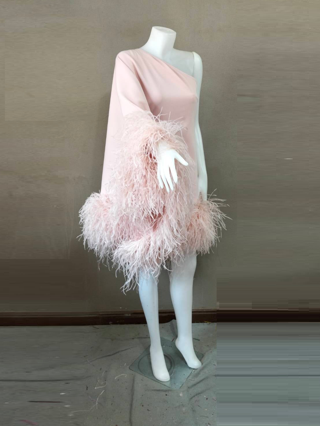 MARAYA Dusty Pink One-Shoulder Mini Feather Dress