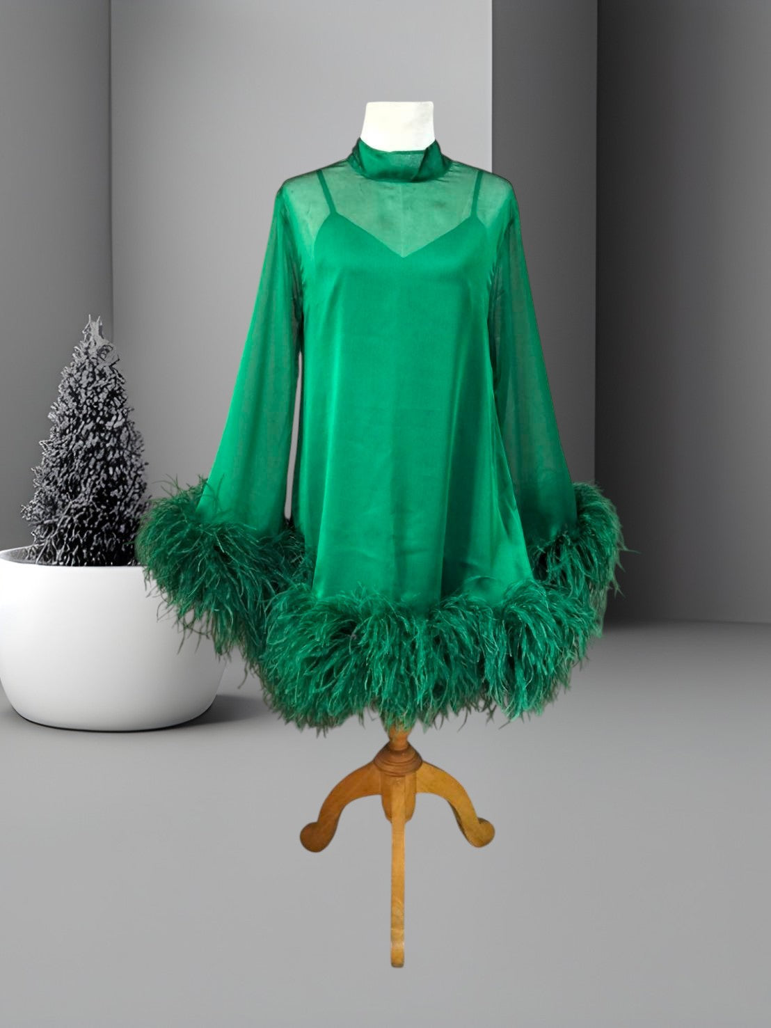 MARAYA Emerald Green Bell Long sleeve mini Feather dress (Copy)