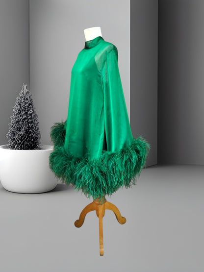 MARAYA Emerald Green Bell Long sleeve mini Feather dress (Copy)