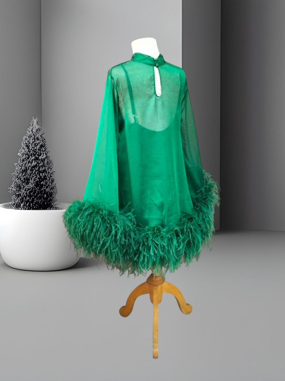 MARAYA Emerald Green Bell Long sleeve mini Feather dress (Copy)