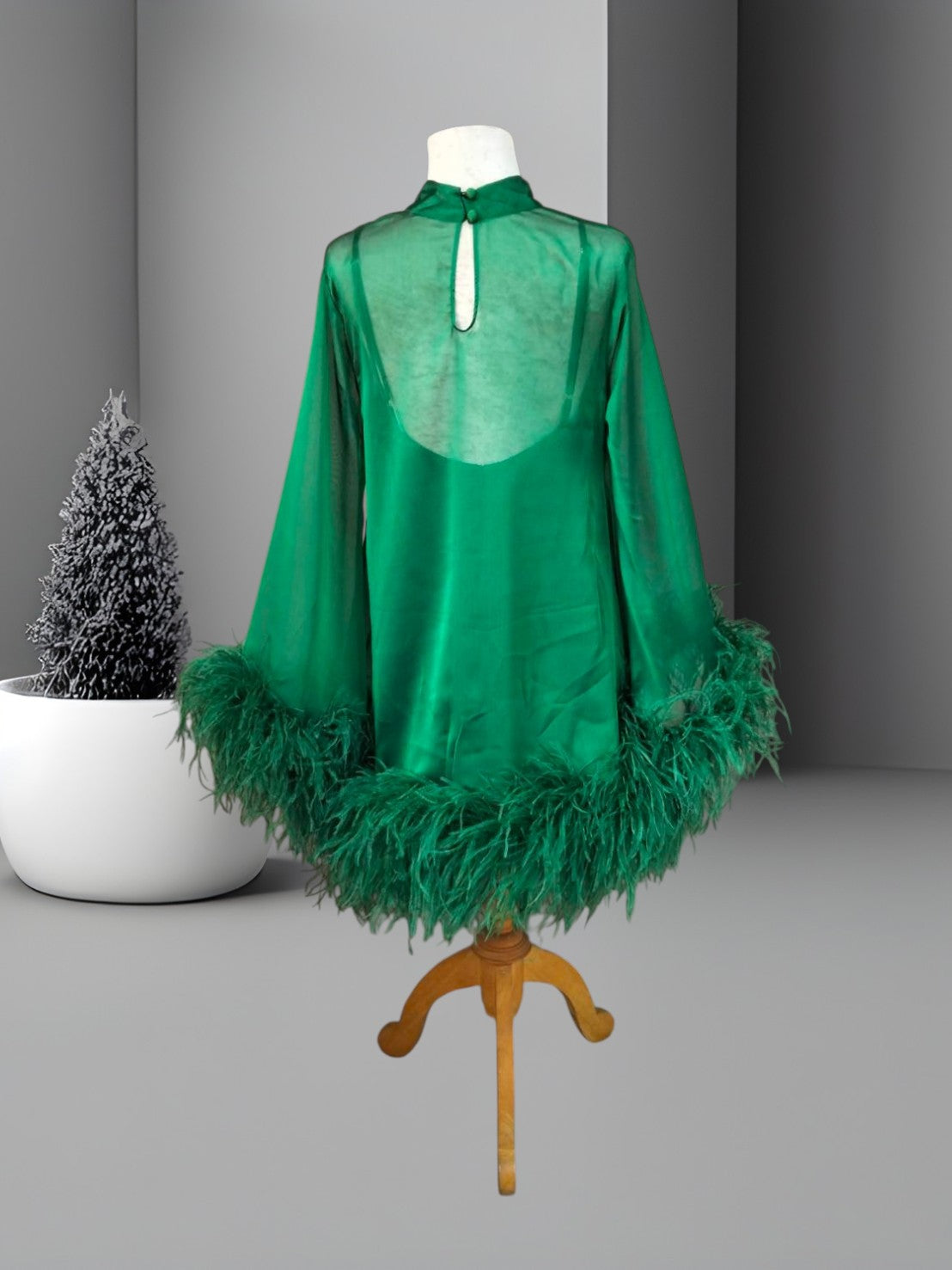 MARAYA Emerald Green Bell Long sleeve mini Feather dress (Copy)
