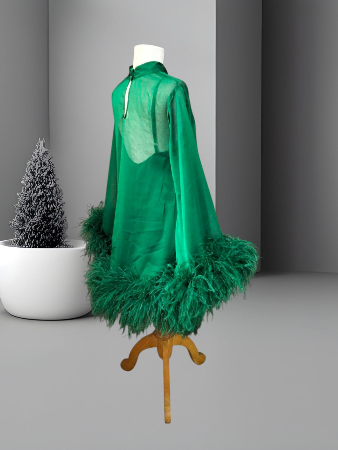 MARAYA Emerald Green Bell Long sleeve mini Feather dress (Copy)