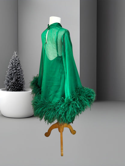 MARAYA Emerald Green Bell Long sleeve mini Feather dress (Copy)