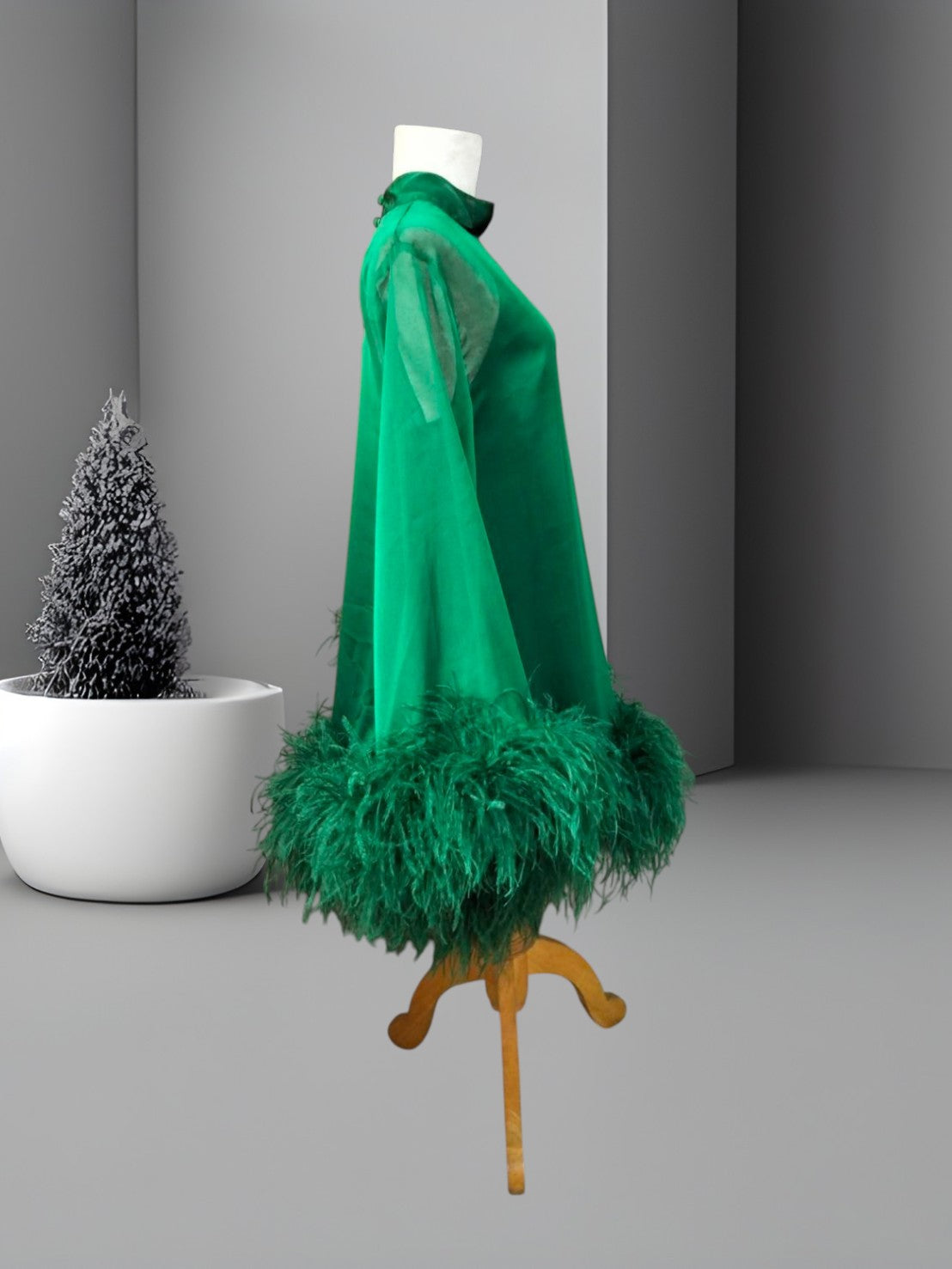 MARAYA Emerald Green Bell Long sleeve mini Feather dress (Copy)
