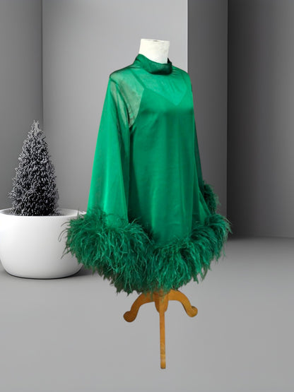 MARAYA Emerald Green Bell Long sleeve mini Feather dress (Copy)