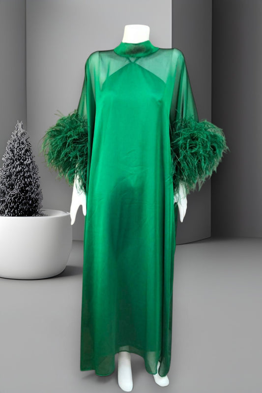 MARAYA Emerald Green Kaftan Shift Evening Maxi Ostrich Feather dress