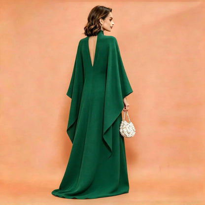 MARAYA Emerald Green Silk Blend Kaftan Maxi Dress, Deep V-Neck Kimono Sleeve Evening Gown, Choker Neck High Slit Formal Dress, Luxury Wedding