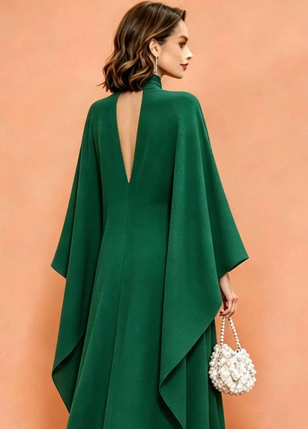 MARAYA Emerald Green Silk Blend Kaftan Maxi Dress, Deep V-Neck Kimono Sleeve Evening Gown, Choker Neck High Slit Formal Dress, Luxury Wedding