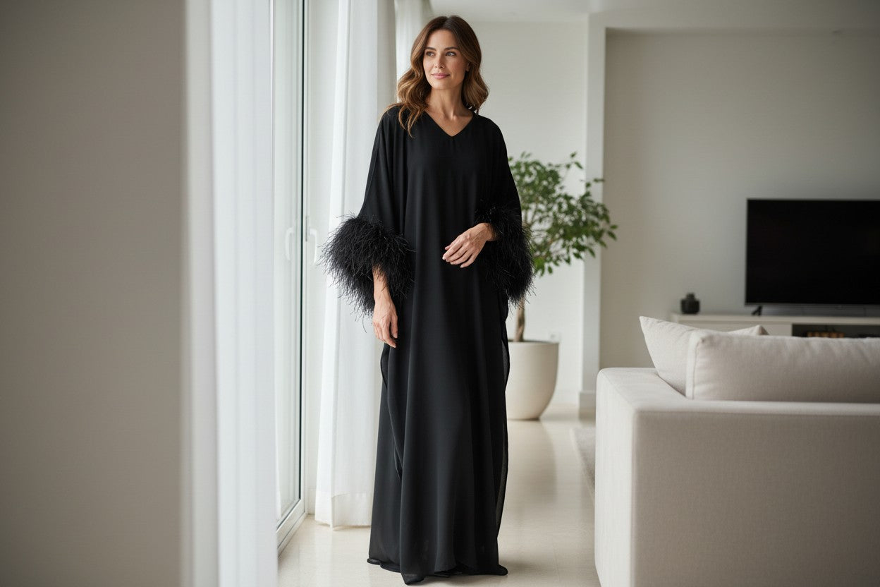 MARAYA Feather Kaftan Maxi dress