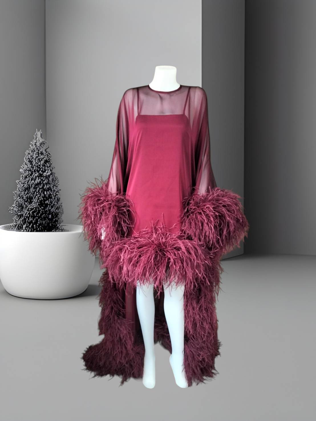MARAYA Flowing Feather-Accented Evening Dress