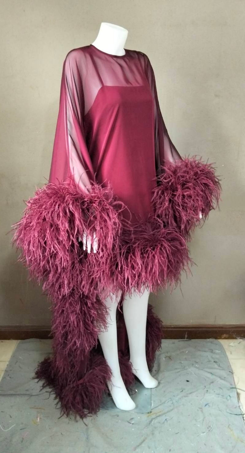 MARAYA Flowing Feather-Accented Evening Dress