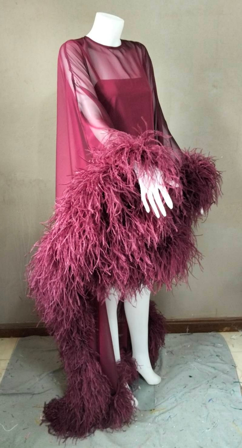 MARAYA Flowing Feather-Accented Evening Dress