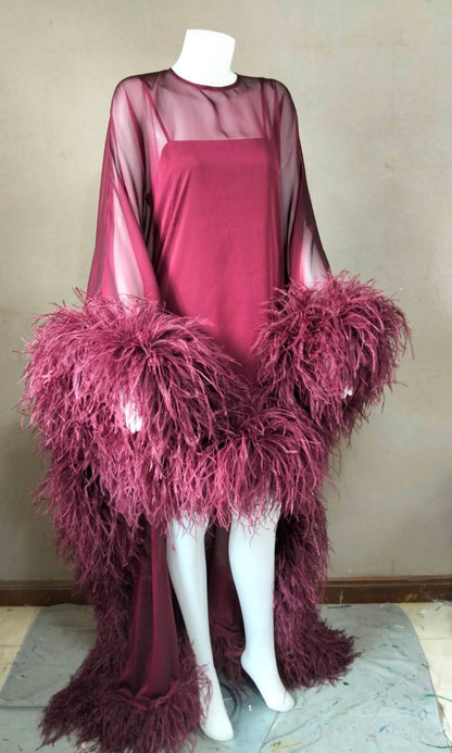 MARAYA Flowing Feather-Accented Evening Dress