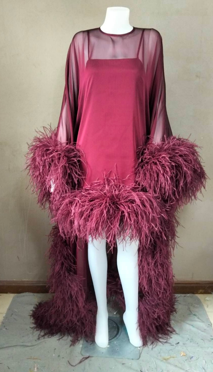 MARAYA Flowing Feather-Accented Evening Dress