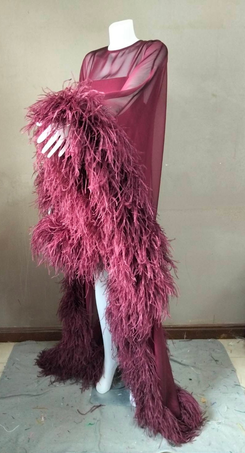 MARAYA Flowing Feather-Accented Evening Dress