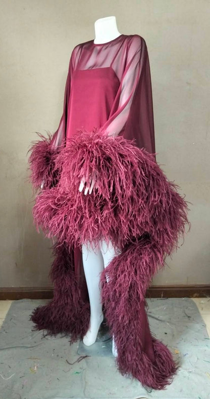 MARAYA Flowing Feather-Accented Evening Dress