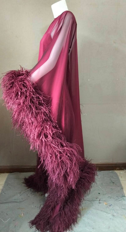 MARAYA Flowing Feather-Accented Evening Dress