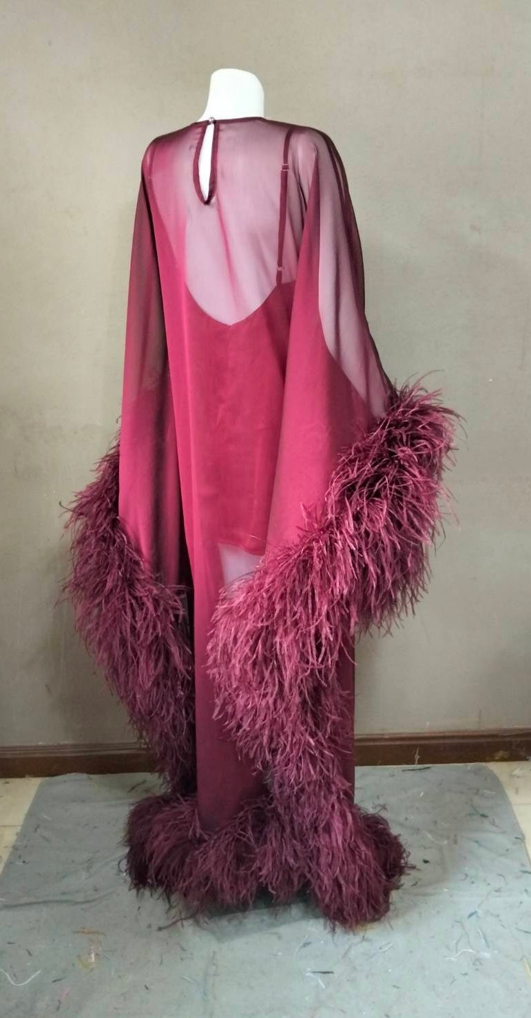 MARAYA Flowing Feather-Accented Evening Dress