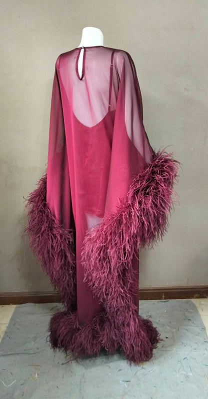 MARAYA Flowing Feather-Accented Evening Dress