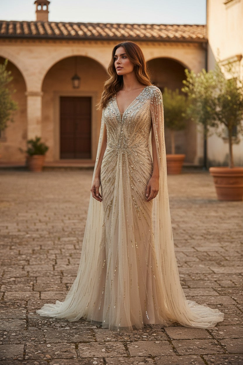Gold Elegant Crystal Dubai Evening Dress with Cape