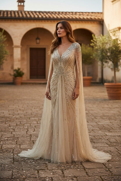 Gold Elegant Crystal Dubai Evening Dress with Cape
