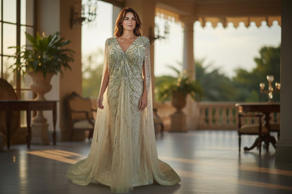 Gold Elegant Crystal Dubai Evening Dress with Cape