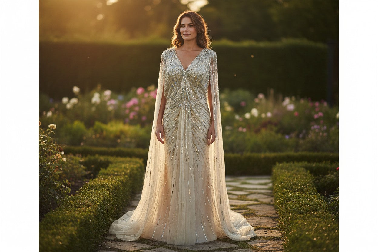 Gold Elegant Crystal Dubai Evening Dress with Cape