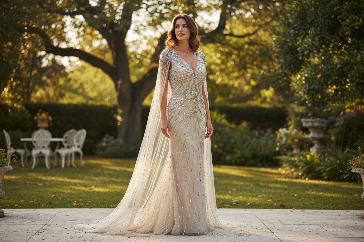 Gold Elegant Crystal Dubai Evening Dress with Cape