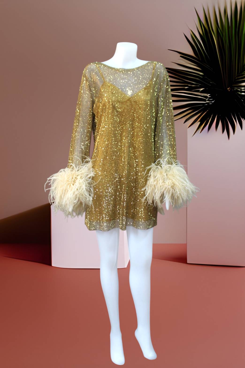 MARAYA Golden Rhinestone Mesh Long Sleeve Mini Dress With Slip dress