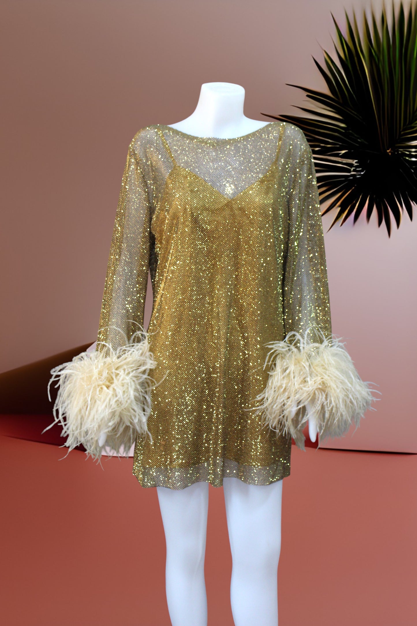 MARAYA Golden Rhinestone Mesh Long Sleeve Mini Dress With Slip dress