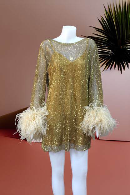 MARAYA Golden Rhinestone Mesh Long Sleeve Mini Dress With Slip dress