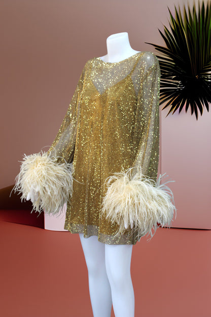 MARAYA Golden Rhinestone Mesh Long Sleeve Mini Dress With Slip dress