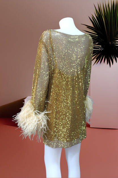 MARAYA Golden Rhinestone Mesh Long Sleeve Mini Dress With Slip dress