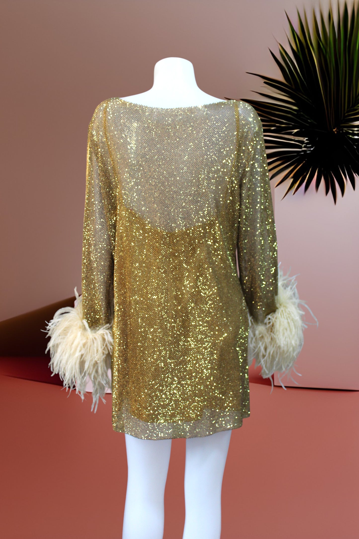 MARAYA Golden Rhinestone Mesh Long Sleeve Mini Dress With Slip dress