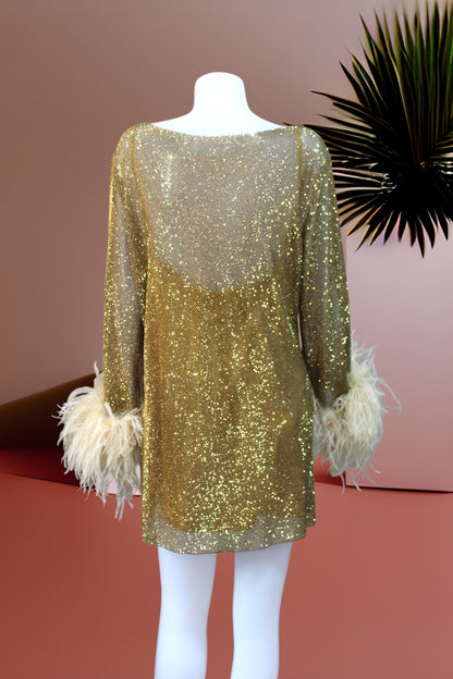 MARAYA Golden Rhinestone Mesh Long Sleeve Mini Dress With Slip dress