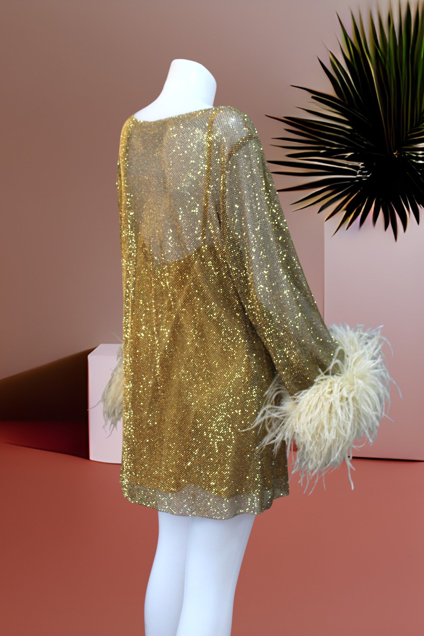 MARAYA Golden Rhinestone Mesh Long Sleeve Mini Dress With Slip dress