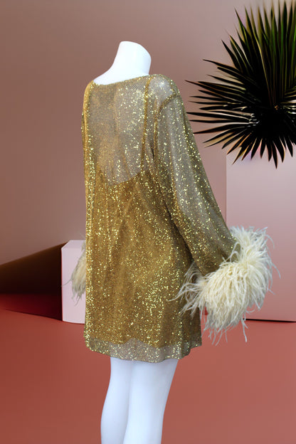 MARAYA Golden Rhinestone Mesh Long Sleeve Mini Dress With Slip dress