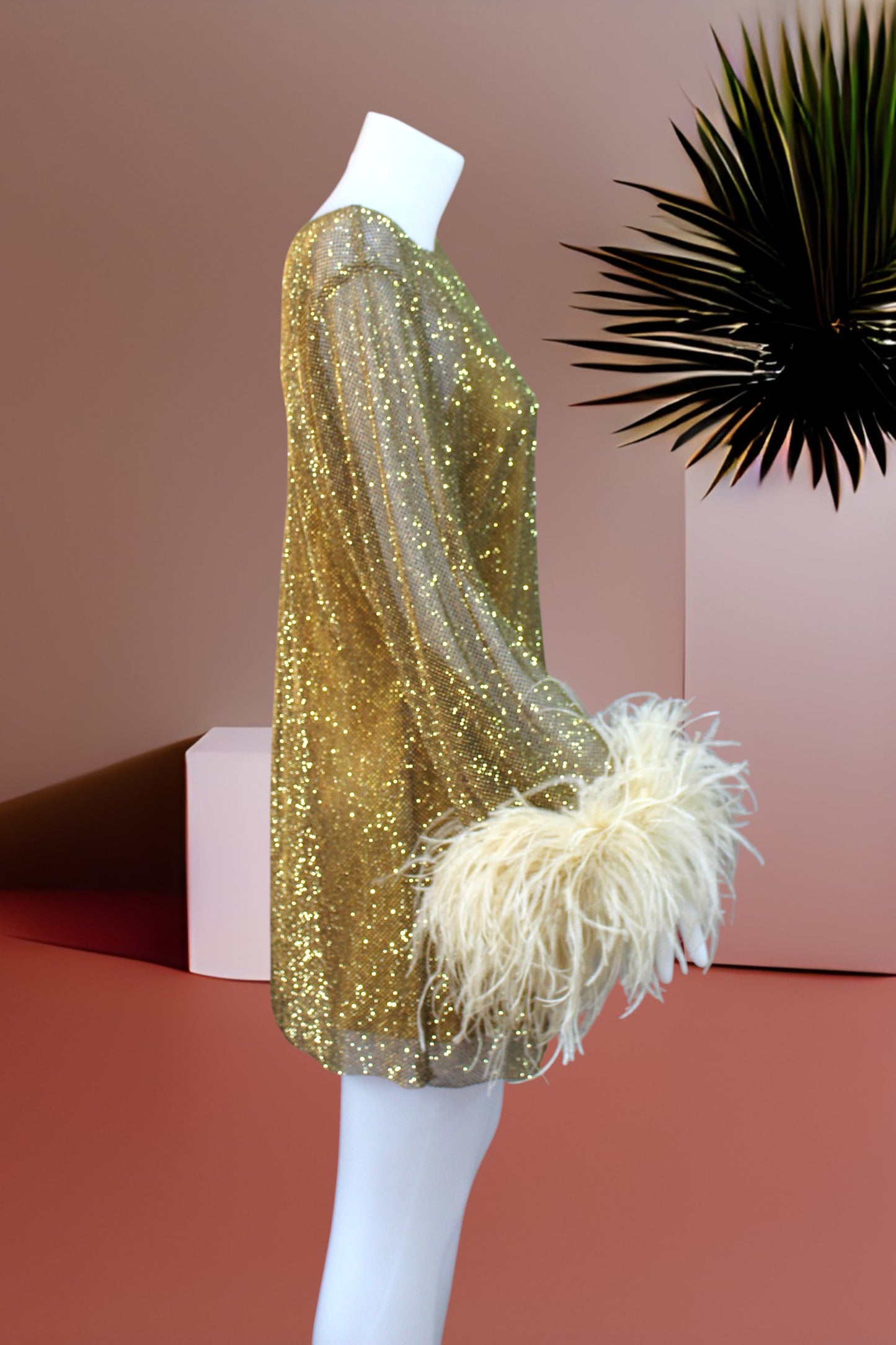 MARAYA Golden Rhinestone Mesh Long Sleeve Mini Dress With Slip dress